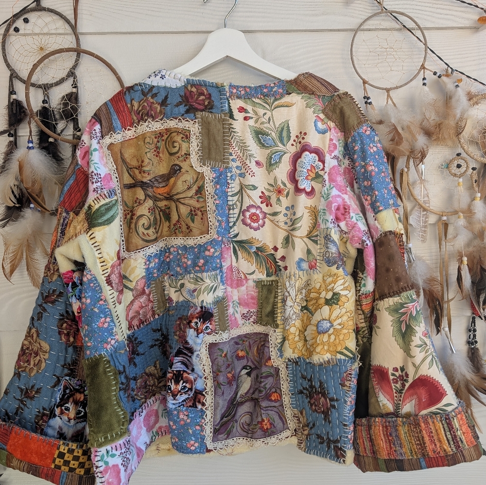 Handmade Boho Hippie Handstitched Patchwork Jacket Upcycled Appliqué Oversized - Picture 6 of 14